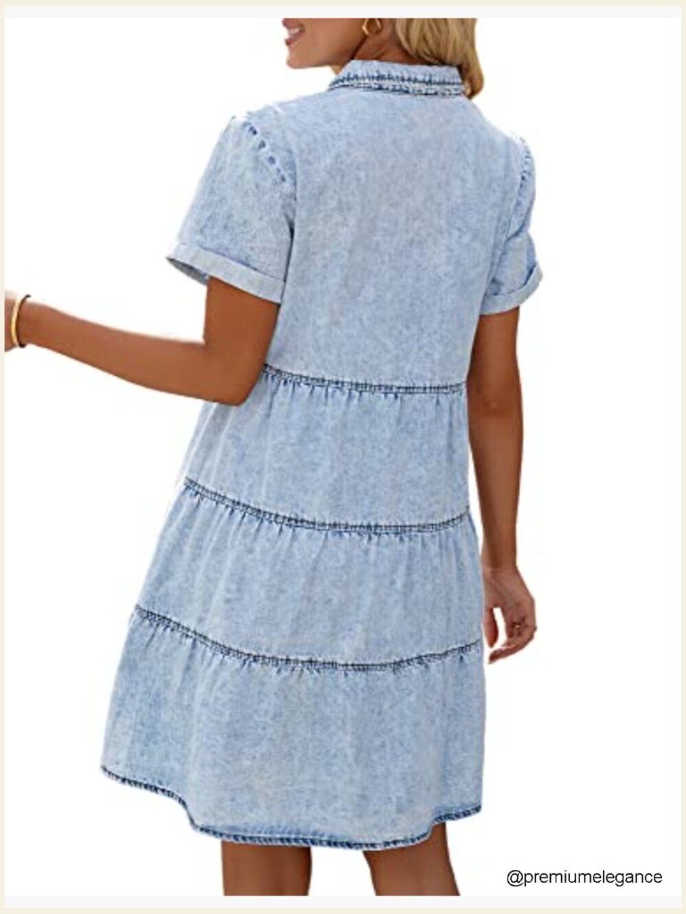 Short Sleeve Button Down Flowy Tiered Babydoll Denim Dress Casual - Picture 4 of 7